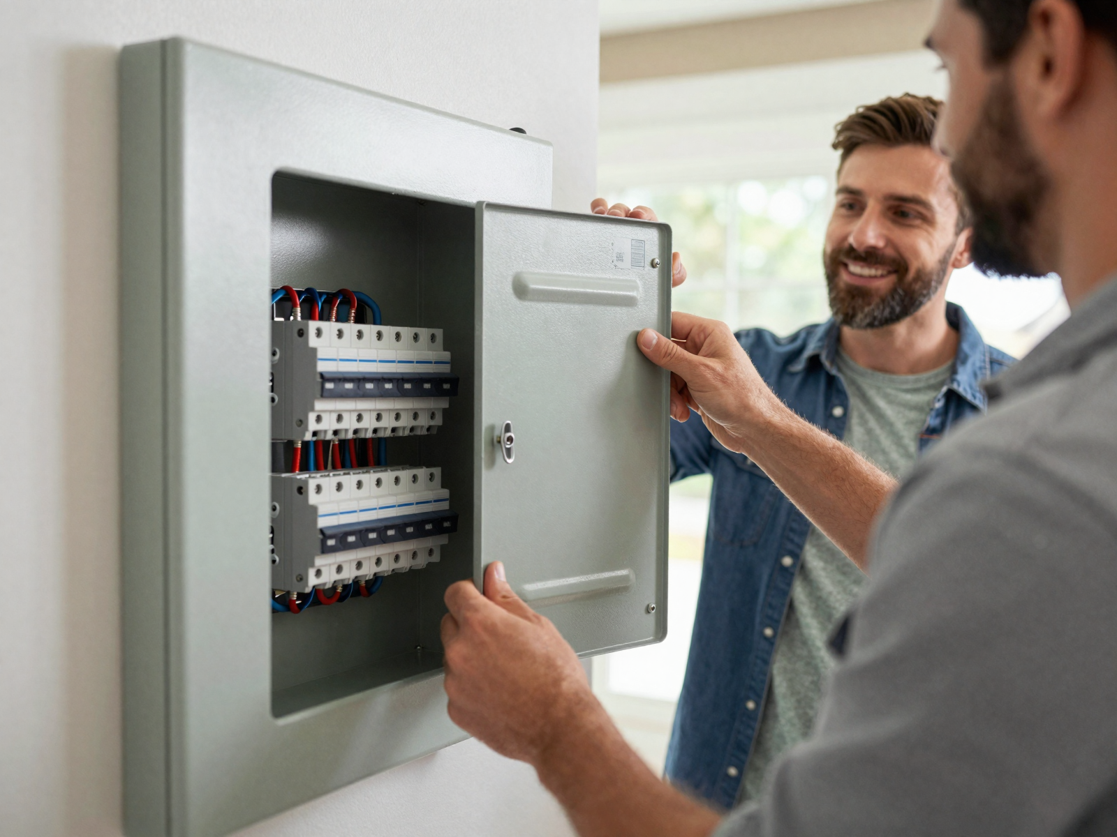 Electrician installing modern electrical panel with satisfied homeowner